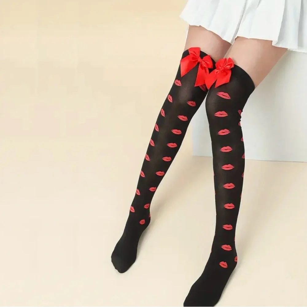 Lips Kiss Mesh Thigh High Stockings Bow Decor Valentines Day Over The Knee Socks
